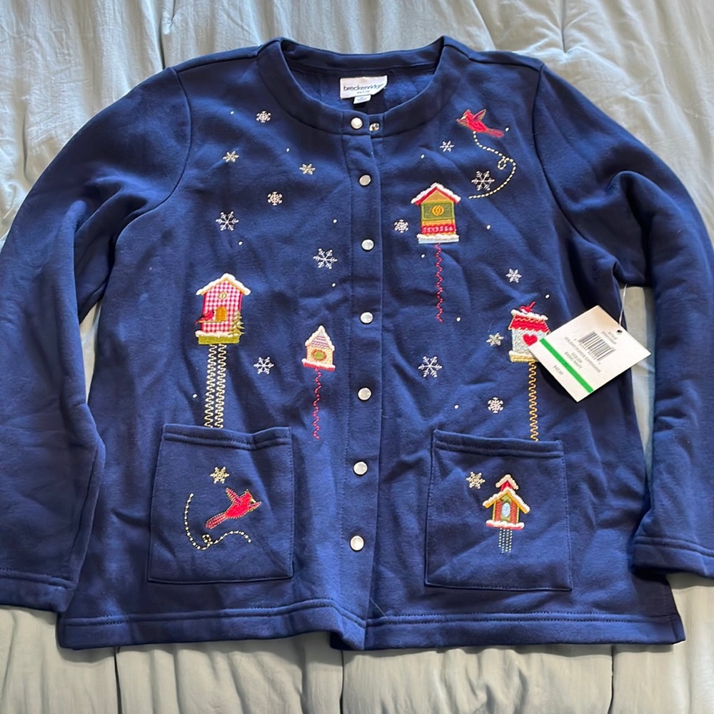 NWT Breckenridge Bird, Birdhouses, Snowflake, Winter Fleece Cardigan Petite